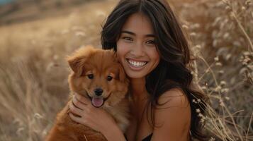 ai généré joyeux Jeune femme embrassement une duveteux chiot dans une champ à d'or heure. photo