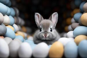 ai généré bébé gris lapin est assis entre plusieurs coloré des œufs photo