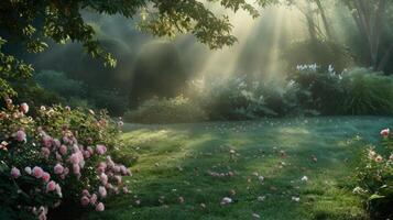 ai généré une tranquille jardin baigné dans doux Matin lumière, orné avec embrassé par la rosée pétales, chuchote de la nature éveil photo