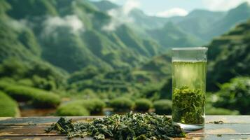 ai généré une verre tasse de vert thé des stands sur une en bois table à le droite photo