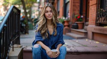 ai généré femme dans bleu chemisier et maigre jeans les boissons café sur appartement escaliers. photo