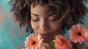 ai généré femme avec gerbera fleurs. photo