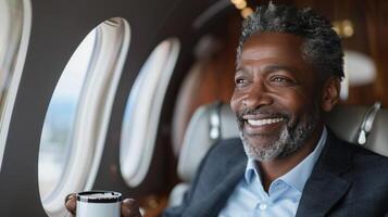 ai généré une homme d'affaire souriant, en portant une tasse, et regarder en dehors de une fenêtre dans une privé avion photo