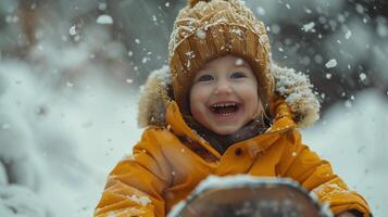 ai généré une content enfant monte une traîneau vers le bas une neigeux colline et regards à le caméra photo