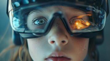 ai généré fermer de une enfant avec vr casque, leur yeux large avec merveille à le virtuel aventures photo