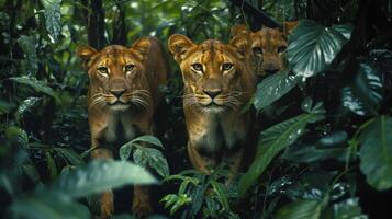 ai généré énigmatique gros chats rôder par dense jungle broussailles, leur furtif mouvements une testament à leur sauvage esprit photo