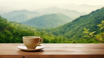 ai généré une tasse de vert thé est sur le en bois table à le la gauche photo