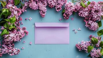 ai généré charmant printemps lilas fleurs arrangé avec un vide violet enveloppe contre une bleu toile de fond. photo