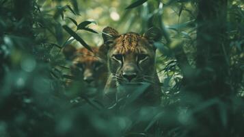 ai généré énigmatique gros chats rôder par dense jungle broussailles, leur furtif mouvements une testament à leur sauvage esprit photo