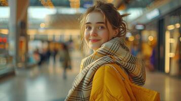 ai généré une magnifique Jeune femme avec une brillant achats sac des stands et regards souriant à le caméra photo