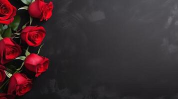 ai généré minimaliste noir Contexte sur lequel mensonges une bouquet de rouge des roses avec grand fond zone photo