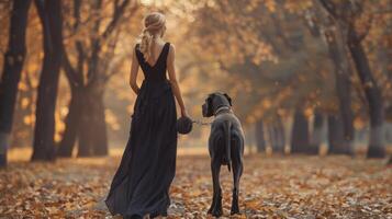 ai généré élégant femme dans une longue noir robe avec sa chien dans un automnal parc. photo