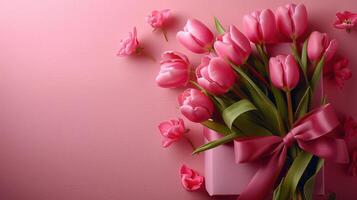 ai généré une élégant rose cadeau boîte avec une ruban arc et une bouquet de tulipes photo