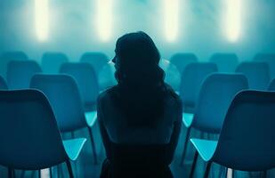 ai généré une femme séance dans une rangée de blanc chaises photo