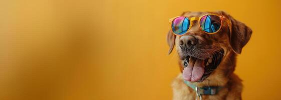 ai généré une humoristique chien est célébrer tandis que portant de fête anniversaire des lunettes de soleil photo