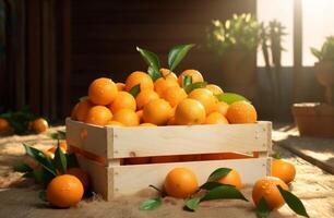 ai généré Caisse avec blanc mandarines séance sur Haut photo