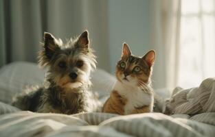ai généré chien et chat séance sur une lit avec différent textures photo