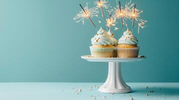 ai généré petits gâteaux affiché sur une gâteau supporter orné avec cierges magiques. minimaliste bleu Contexte photo