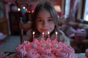 ai généré content habillé en haut Dix année vieux fille soufflant en dehors bougies sur brillant rose de fête anniversaire gâteau photo