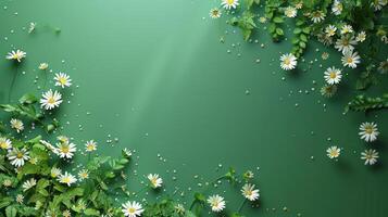 ai généré abstrait minimaliste vert Contexte sur lequel petit Marguerite fleurs sont épars photo