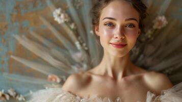 ai généré un élégant ballet Danseur, habillé dans une gracieux tutu, poutres avec joie comme elle pose gracieusement pour le caméra photo