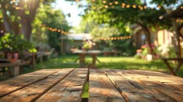 ai généré une flou Contexte de une jardin fête avec un vide en bois tableau. photo