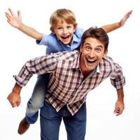 ai généré père et fils ayant amusement blanc Contexte photo