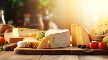 ai généré en bois Coupe planche avec nombreuses les types de fromage sur il photo