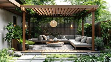 ai généré magnifique moderne terrasse avec en bois pergola et mis en pot les plantes photo