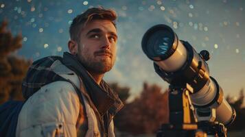 ai généré sur de soi Jeune astronome avec télescope contre une étoilé Contexte photo