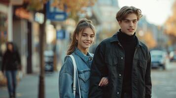 ai généré une Jeune magnifique couple des promenades le long de une ville rue en portant mains photo