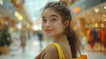 ai généré une magnifique Jeune femme avec une brillant achats sac des stands et regards souriant à le caméra photo