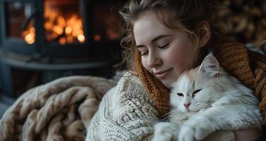 ai généré une Jeune femme est assis près le cheminée et câlins une blanc duveteux chat photo