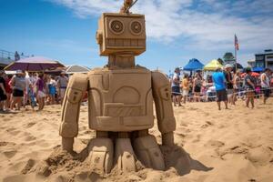 ai généré une robot le sable sculpture sur le plage. art Festival photo