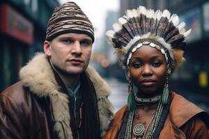 ai généré portrait de une homme et une femme patriotes de leur pays contre le Contexte de une ville rue photo