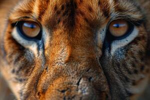 ai généré portrait de une les Lions museau dans fermer. le les Lions tête photo