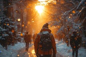 ai généré une touristique en marchant avec une sac à dos par une neigeux hiver forêt à le coucher du soleil photo