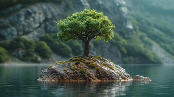 ai généré une solitaire arbre sur une petit île dans une Montagne Lac photo