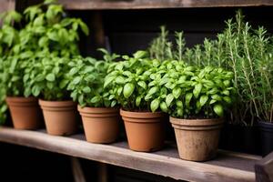 ai généré des pots de Frais basilic sur une en bois étagère. généré par artificiel intelligence photo