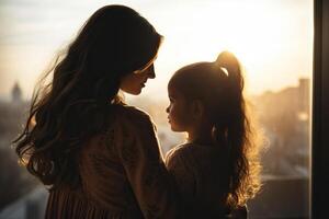 ai généré silhouette de mère et fille étreindre chaque autre dans le le coucher du soleil lumière. généré par artificiel intelligence photo