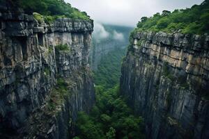 ai généré Haut vue de magnifique rochers avec verdure dans le brouillard. généré par artificiel intelligence photo