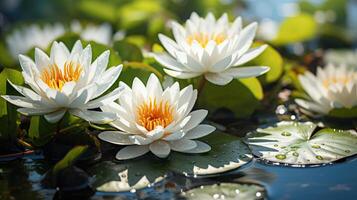ai généré magnifique fleurs blanc fleurs de lys sur le l'eau. l'eau fleurs de lys dans le marais. généré par artificiel intelligence photo
