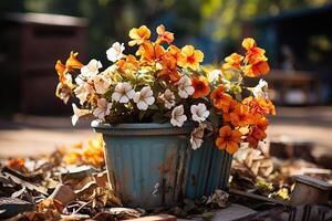 ai généré une parterre de fleurs avec Jaune fleurs dans un vieux le fer seau dans le parc. généré par artificiel intelligence photo