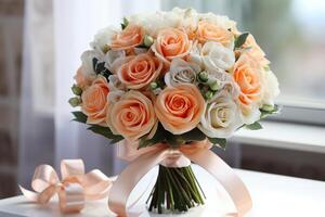 ai généré une luxueux mariage bouquet de le la mariée avec blanc des roses mensonges sur lumière feuilles. mariage journée concept. généré par artificiel intelligence photo