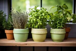 ai généré basilic, Romarin, thym dans vieux des pots sur une en bois étagère. généré par artificiel intelligence photo