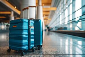 ai généré coloré les valises doublé en haut à le aéroport Terminal photo