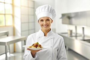 ai généré souriant chef dans le sien cuisine photo