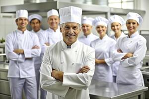 ai généré content souriant du chef équipe dans le sien cuisine photo