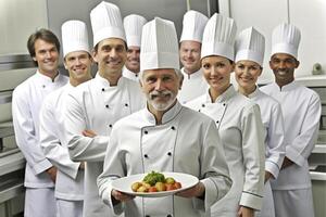 ai généré content souriant du chef équipe dans le sien cuisine photo