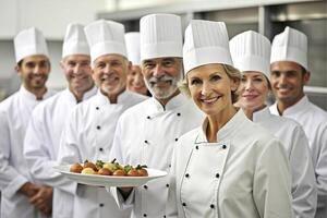 ai généré content souriant du chef équipe dans le sien cuisine photo